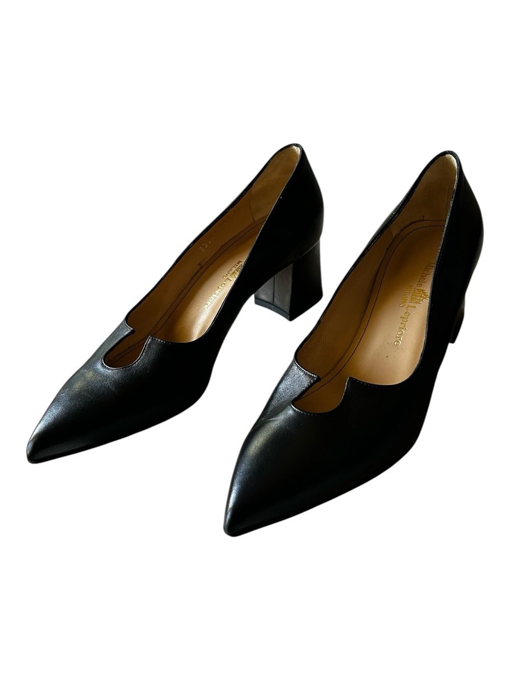 Michele Lopriore Sculpted Black Leather Pointed Toe Block Heel Pumps